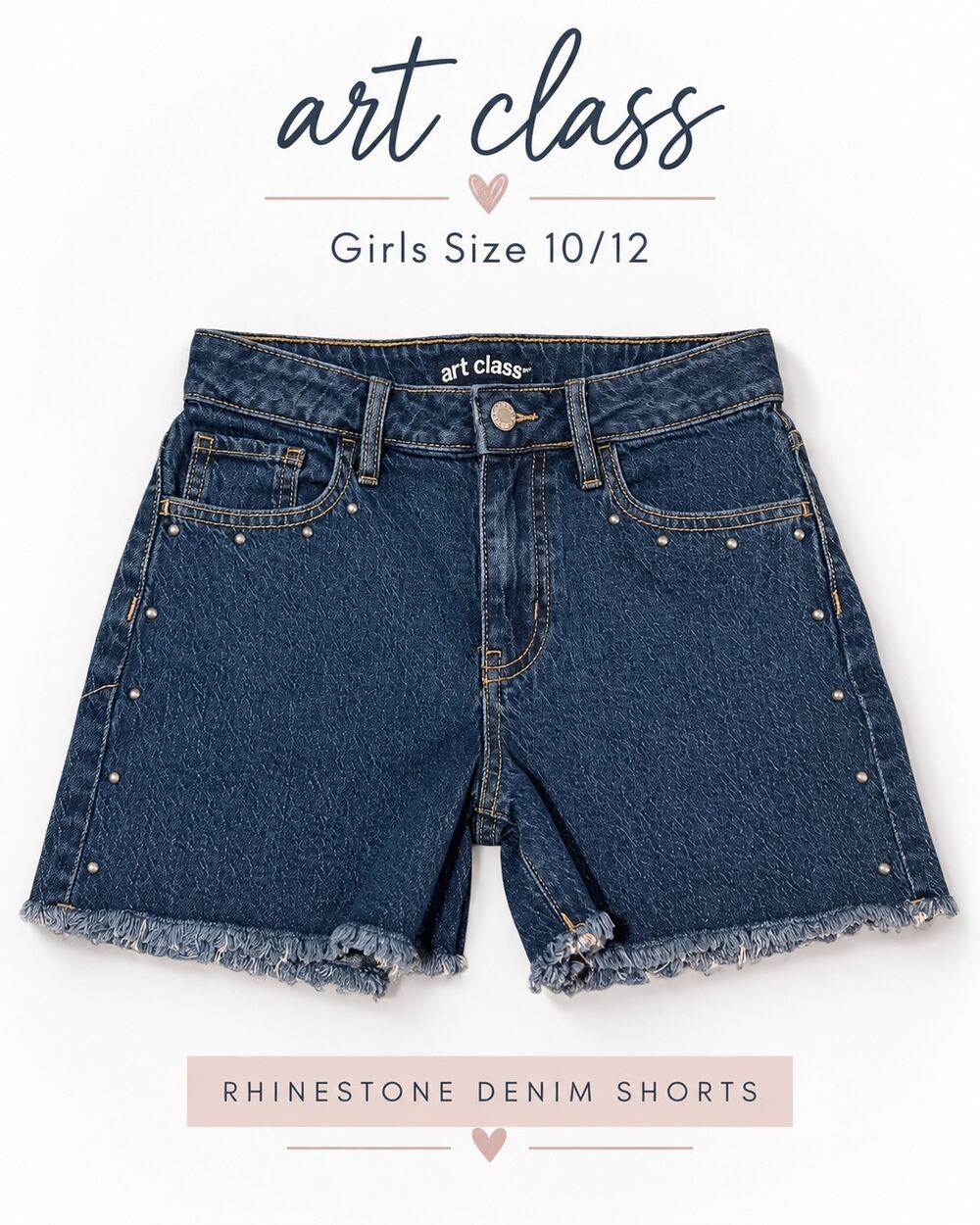 Art Class Girls Denim Shorts Size 10/12 Rhinestone Studded Raw Hem New